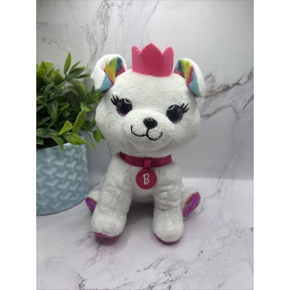 Barbie Mattel White Puppy Plush‎ Stuffed Animal 8" Pink Crown/Tiara 2020